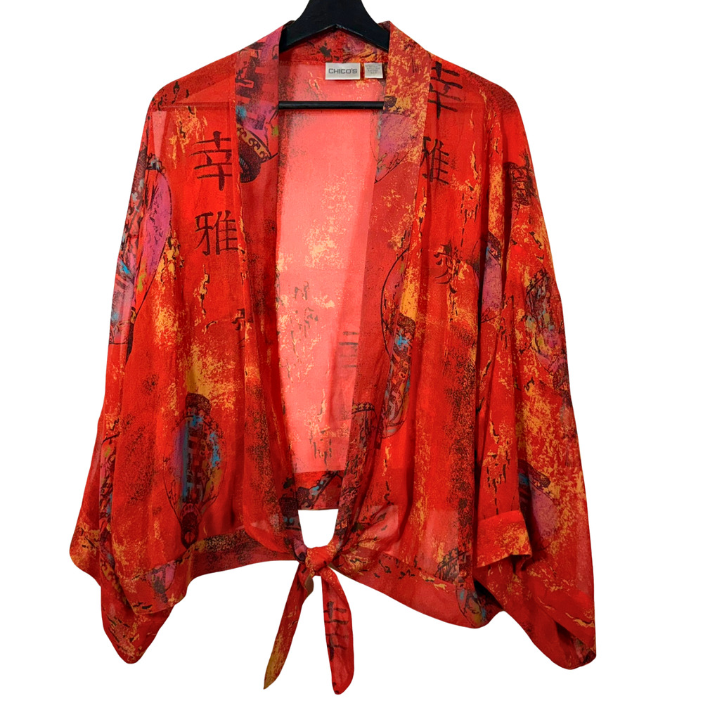 CHICO'S Silk Chiffon Kimono TIE FRONT TOP Jacket Cardigan CHINESE LANTERN XL / 3